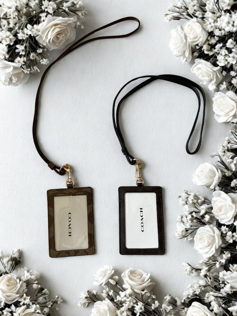 Coach Brown and Dark Brown Leather ID Card Holders with Neck Straps